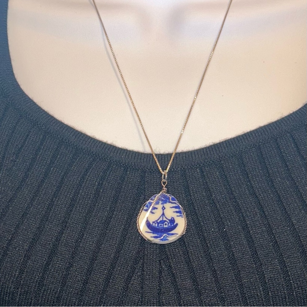 Antique Blue Willow Broken China Pendant